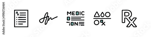 Icons related to prescription and medicine: document, signature, medication, medical formula, rx symbol.