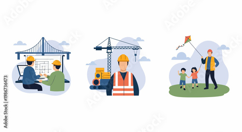 Job site plan task and work man with kid in park play kite fun time