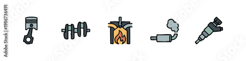 Engine parts icons: piston, crankshaft, combustion chamber, muffler, fuel injector.