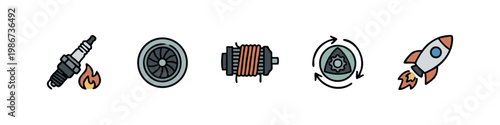 Car engine and power icons: spark plug, fan, coil, rotation, rocket.