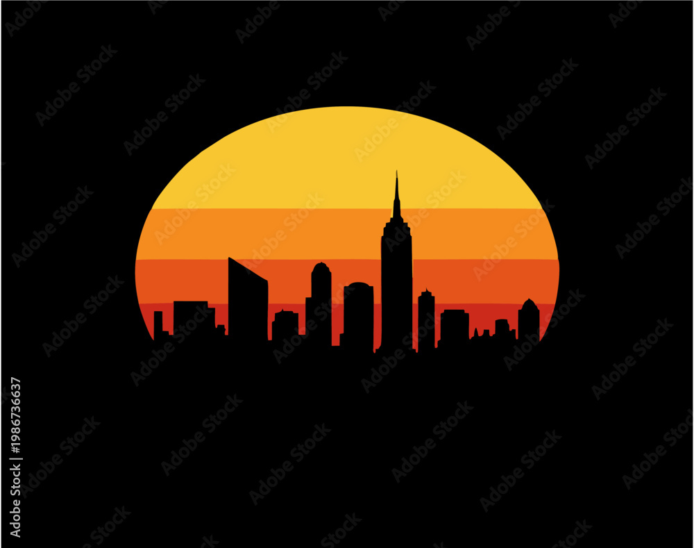 Obraz premium City skyline silhouette illustration with tall buildings, pointed spire, vibrant sunset gradient, orange yellow red hues, minimalistic design, and modern urban sunset landscape concept