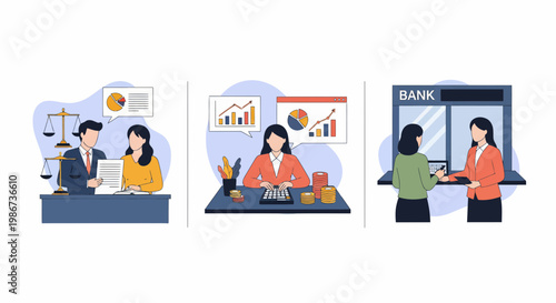 Business people providing financial services including banking and accounting with legal advice for professional company growth and wealth management