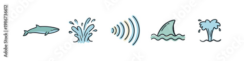 Marine life icons: dolphin, splash, sound waves, shark fin, fountain
