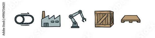 Factory and logistics icons: conveyor belt, factory, robot arm, crate, pallet