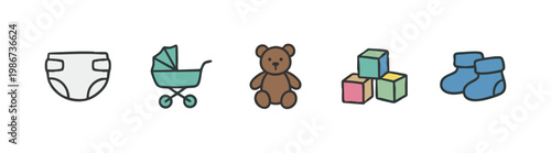 Baby items icons: diaper, stroller, teddy bear, blocks, socks