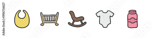 Baby items icons: bib, crib, rocking chair, onesie, powder bottle