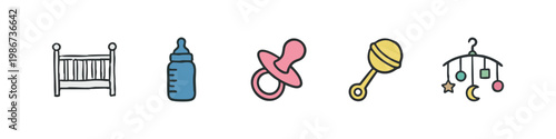 Baby items icons: crib, bottle, pacifier, rattle, mobile