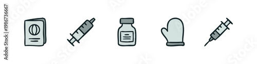 Vaccination Icons: Passport, Syringe, Vial, Glove, Syringe