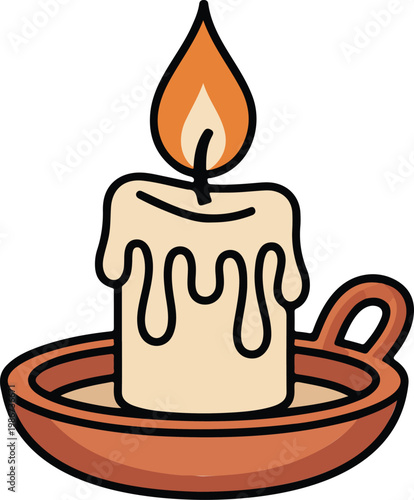Lit candle in terracotta holder flat vector illustration minimalist wax dripping candlelight design isolated on white background