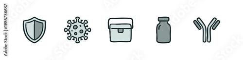 Health and Science Icons: Shield, Virus, Cooler, Vial, Antibody