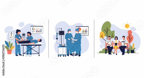 Docs and nurses help a patient do surgery and sit on a big park bench
