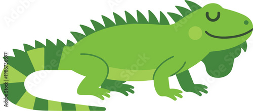 Cute green iguana cartoon illustration flat vector reptile character smiling lizard minimalist animal design isolated on white background