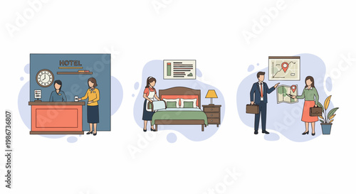 Hotel management services featuring reception desk staff housekeeping professional cleaning room and business travelers looking at maps