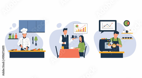 Professional chef cooking waiter serving customer and barista making coffee in hospitality service business restaurant cafe