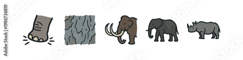 Prehistoric and modern large animal icons: mammoth, elephant, rhino