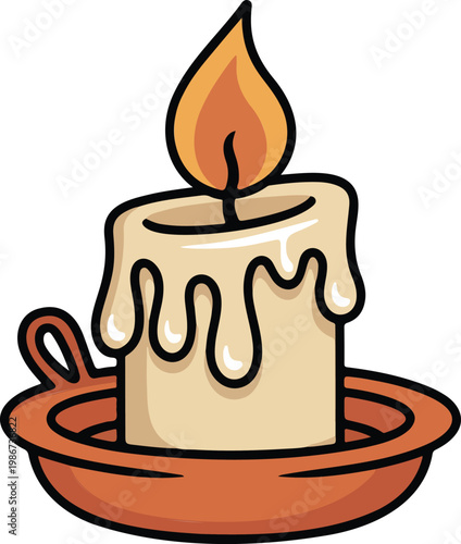 Lit candle in terracotta holder flat vector illustration minimalist wax dripping candlelight design isolated on white background
