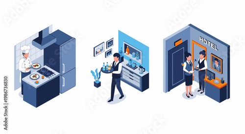 Professional chef waiter and hotel receptionists working together in the global hospitality and service industry