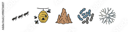 Insect and social animal icons: ants, bees, beehive, termite mound, bacteria
