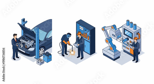 Professional industrial career paths showing automotive mechanic welding work and robotic automation engineering technician employment jobs
