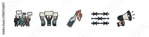 Protest and conflict icons: protest, signs, molotov cocktail, barbed wire, megaphone
