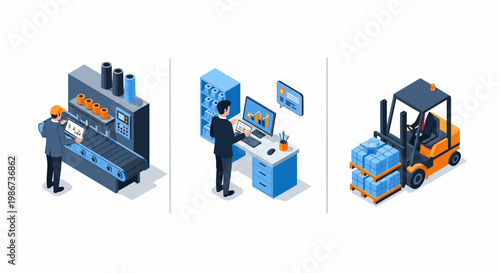 Worker on machine boss at desk lift for box in big plant work area now