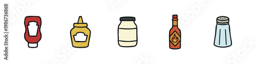 Condiment icons: ketchup, mustard, mayonnaise, hot sauce, salt shaker