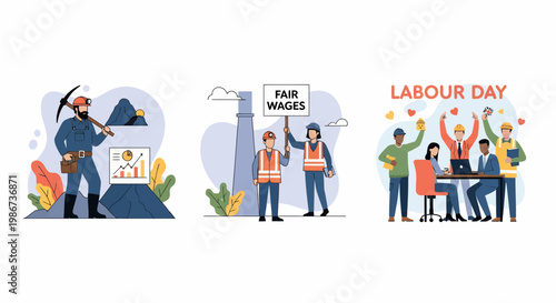 A worker labor day set with mine fair wage law and work man big joy
