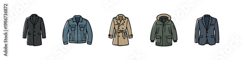 Men's outerwear icons: overcoat, denim jacket, trench coat, parka, suit jacket