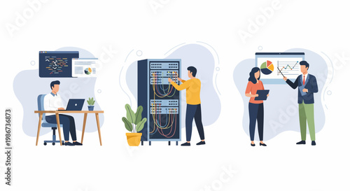 Professional information technology experts managing data servers and software while presenting business analytics in office environment