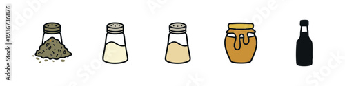 Seasoning and condiment icons: salt, pepper, cream, honey, balsamic vinegar