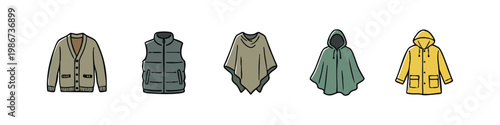 Casual outerwear icons: cardigan, vest, poncho, rain cape, raincoat
