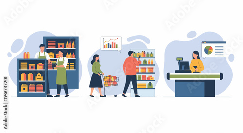 Shop staff and folk buy food at desk with cash plus work data on shelf