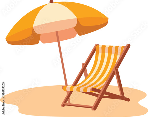 Minimalist beach scene with striped deck chair and umbrella flat cartoon vector illustration summer relaxation concept isolated on white background