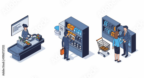 Shop staff help folks and stock shelf or work at desk and fix the cart