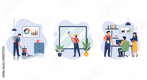 A team mop floor wash glass and keep desk neat for safe work space now