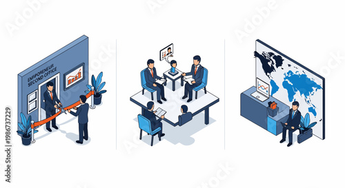 Business scaling growth strategy office opening meeting global expansion world map illustration vector isometric company