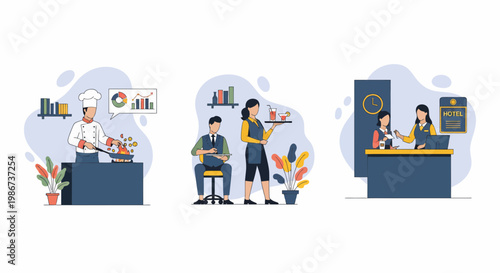 Set of professional service industry employees including chef waitress and hotel receptionist providing quality hospitality for customers in various settings