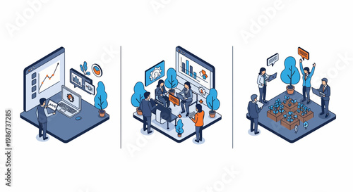 Isometric vector illustration of business team working for social impact and sustainable green community development