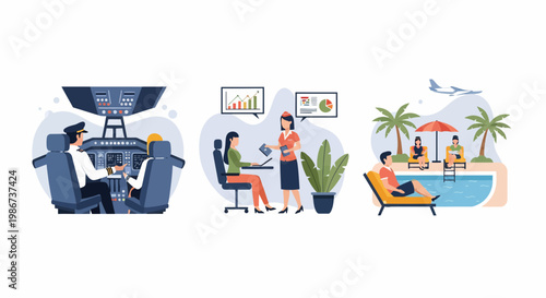 Pilot Jet Fly Crew Desk Staff Job Pool Sea Sun Tree Trip Air Map Set