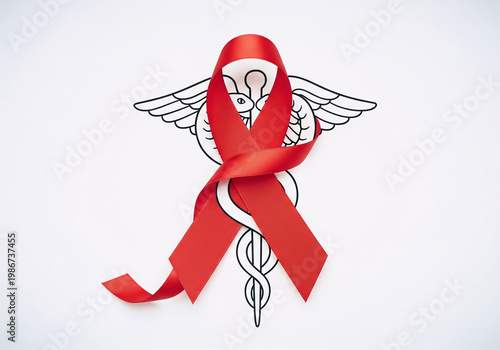 Artistic Symbolic Red Ribbon with Caduceus Icon for Awareness Campaign