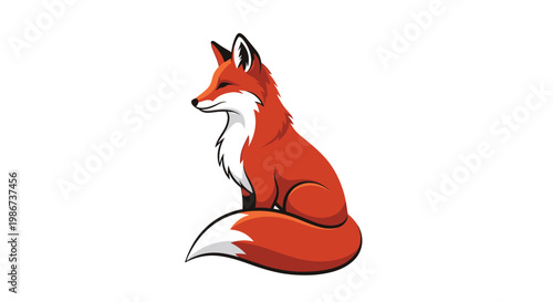 Beautiful digital illustration of a sitting red fox with a bushy tail and intelligent expression isolated on white.