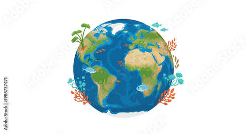 Vibrant Earth illustration with diverse flora and fauna surrounding the globe.