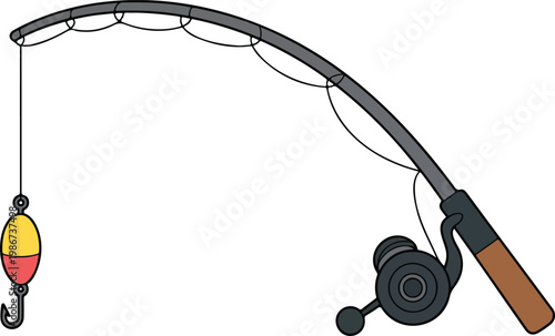 Bent fishing rod with bobber flat vector illustration minimalist fishing gear icon design curved line concept isolated on white background