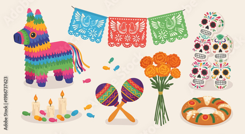 Vibrant Mexican Fiesta and Day of the Dead Celebration Elements.