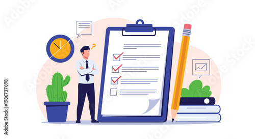 Confused man looking at a giant checklist on a clipboard trying to manage tasks time and priorities in an office setting.