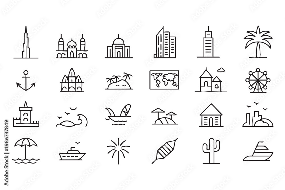 Fototapeta premium World Travel And Tourism Icons For Vacation And Exploration