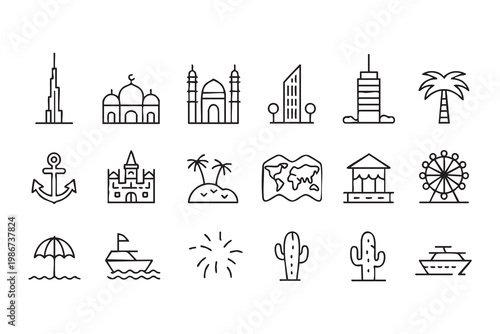 Travel And Landmarks Icons Set For Tourism And Destinations