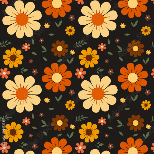 Retro 70s Floral Seamless Pattern with Large Daisy Flowers on Dark Background