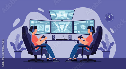 Two young gamers wearing headsets sit in ergonomic chairs while playing video games on a sophisticated multi-monitor computer setup.