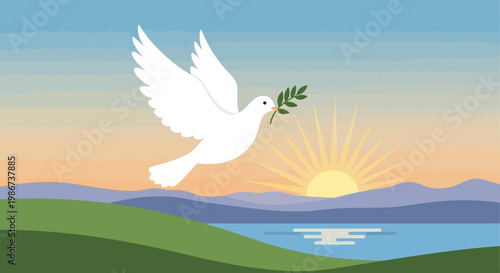 White Dove with Olive Branch Flying Peacefully.